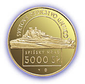 Pamätná zlatá minca v hodnote 5 000 Sk vydaná s tematikou Svetové dedičstvo UNESCO - Spišský hrad a kultúrne pamiatky jeho okolia