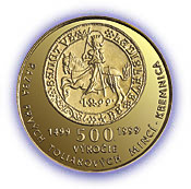 Pamätná zlatá minca v hodnote 5 000 Sk vydaná pri príležitosti 500. výročia začatia razby prvých toliarových mincí na Slovensku v Kremnici