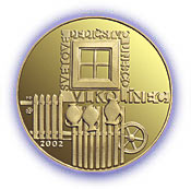 Pamätná zlatá minca v hodnote 5 000 Sk vydaná s tematikou Svetové dedičstvo UNESCO - Vlkolínec, rezervácia ľudovej architektúry